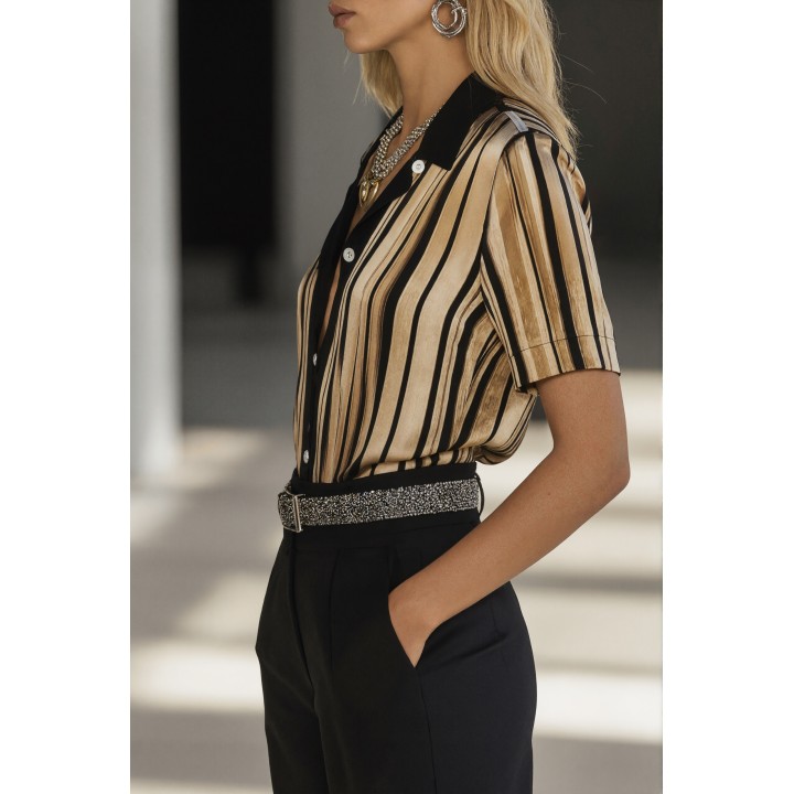 Gadinus Striped Button Front Blouse, Contrast Collar Short Sleeve Loose Fit Shirt For