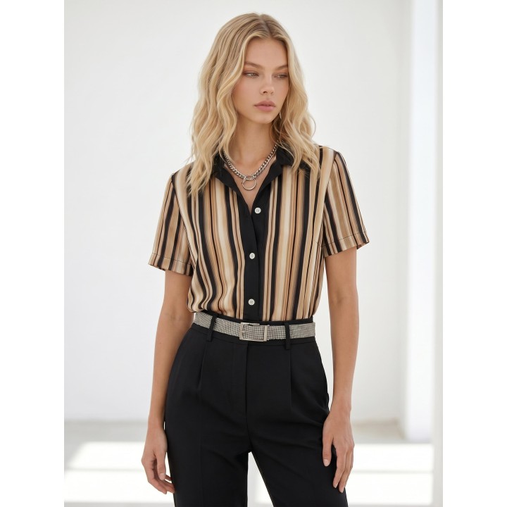 Gadinus Striped Button Front Blouse, Contrast Collar Short Sleeve Loose Fit Shirt For