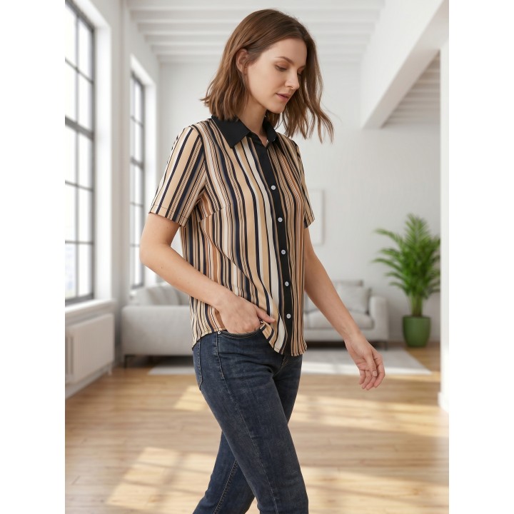 Gadinus Striped Button Front Blouse, Contrast Collar Short Sleeve Loose Fit Shirt For