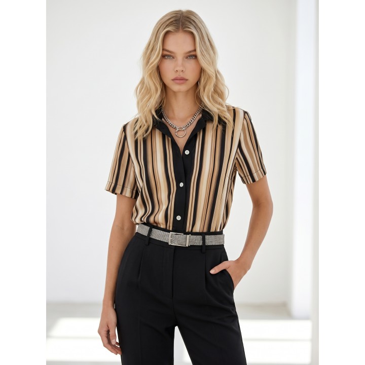 Gadinus Striped Button Front Blouse, Contrast Collar Short Sleeve Loose Fit Shirt For