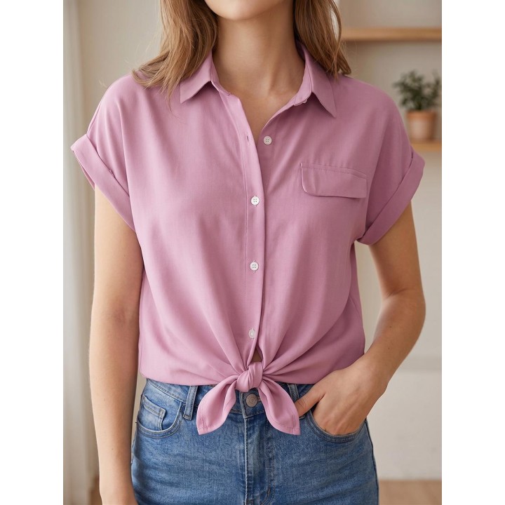 Women Solid Shirt Summer Short Sleeve Button Up Turn Down Collar Blouse Casual Office