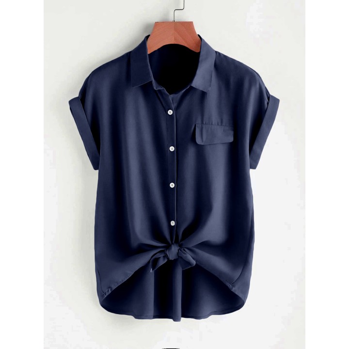 Women Solid Shirt Summer Short Sleeve Button Up Turn Down Collar Blouse Casual Office