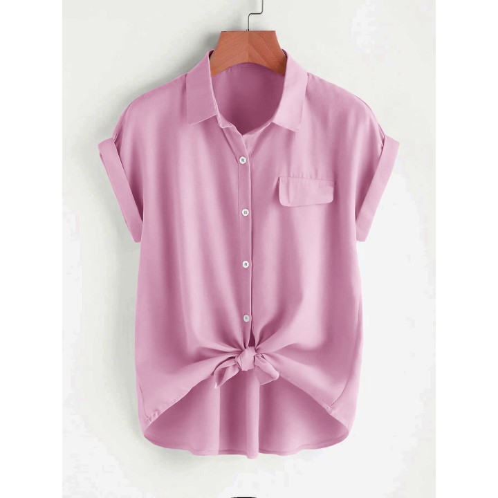 Women Solid Shirt Summer Short Sleeve Button Up Turn Down Collar Blouse Casual Office