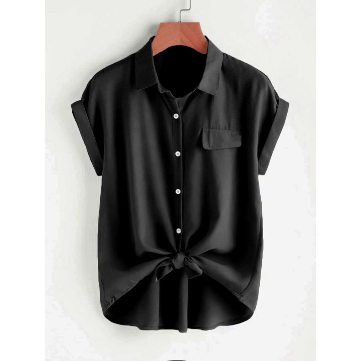 Women Solid Shirt Summer Short Sleeve Button Up Turn Down Collar Blouse Casual Office