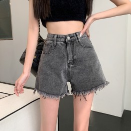 Solid Summer New Denim Shorts Womens  High Waist Loose Thin Ashaped Rough Edge Stude