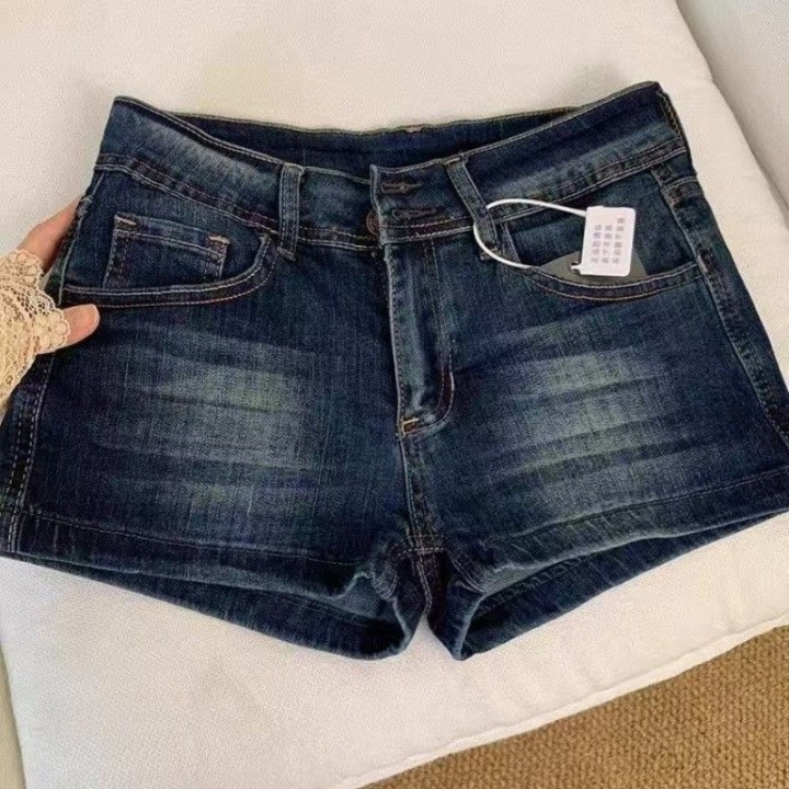 Summer Lowwaisted Skinny Denim Shorts For Women With Cargo Pockets Elastic Waist Vint