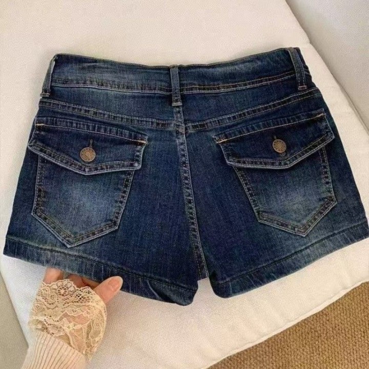Summer Lowwaisted Skinny Denim Shorts For Women With Cargo Pockets Elastic Waist Vint
