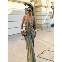 Womens Metal Trim Spaghetti Strap Maxi Dress  Deep V Cutout Waist Crisscross Backles