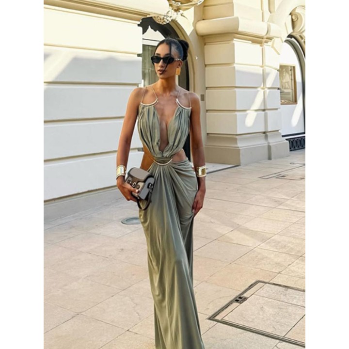 Womens Metal Trim Spaghetti Strap Maxi Dress  Deep V Cutout Waist Crisscross Backles
