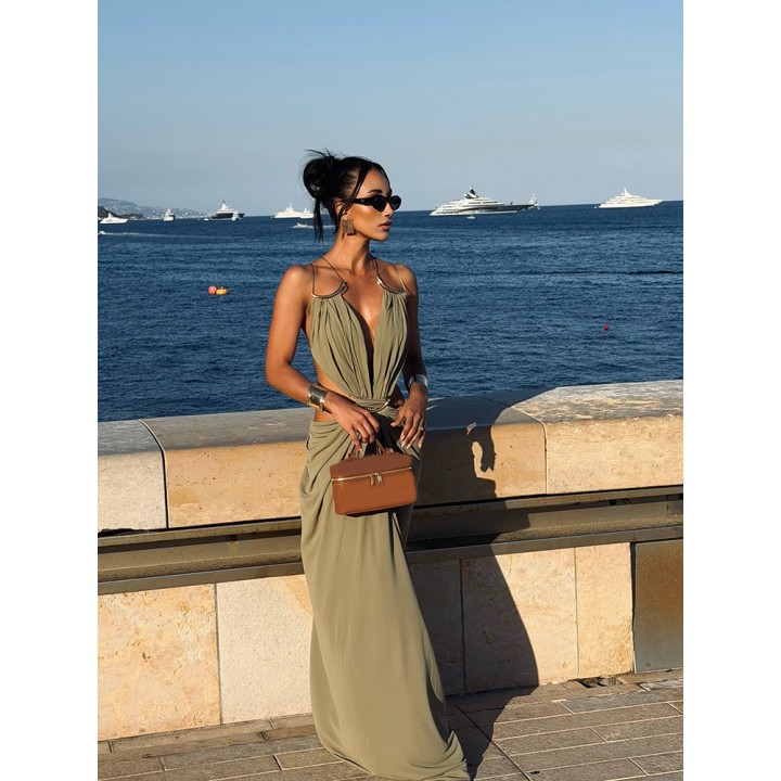 Womens Metal Trim Spaghetti Strap Maxi Dress  Deep V Cutout Waist Crisscross Backles