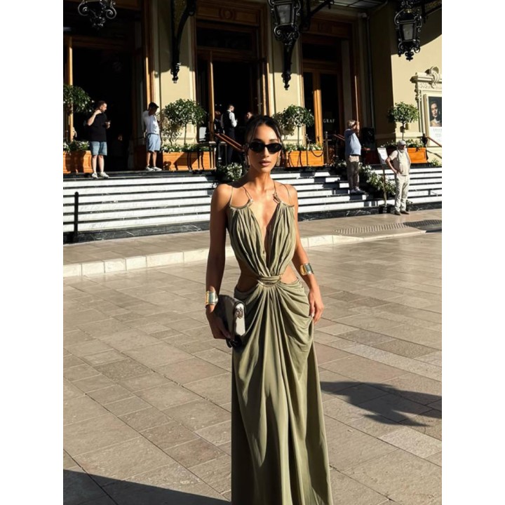 Womens Metal Trim Spaghetti Strap Maxi Dress  Deep V Cutout Waist Crisscross Backles