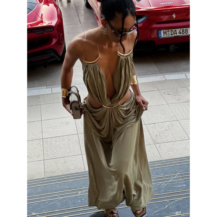 Womens Metal Trim Spaghetti Strap Maxi Dress  Deep V Cutout Waist Crisscross Backles