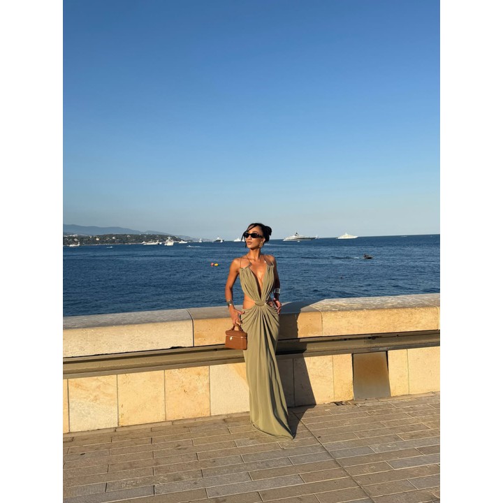 Womens Metal Trim Spaghetti Strap Maxi Dress  Deep V Cutout Waist Crisscross Backles