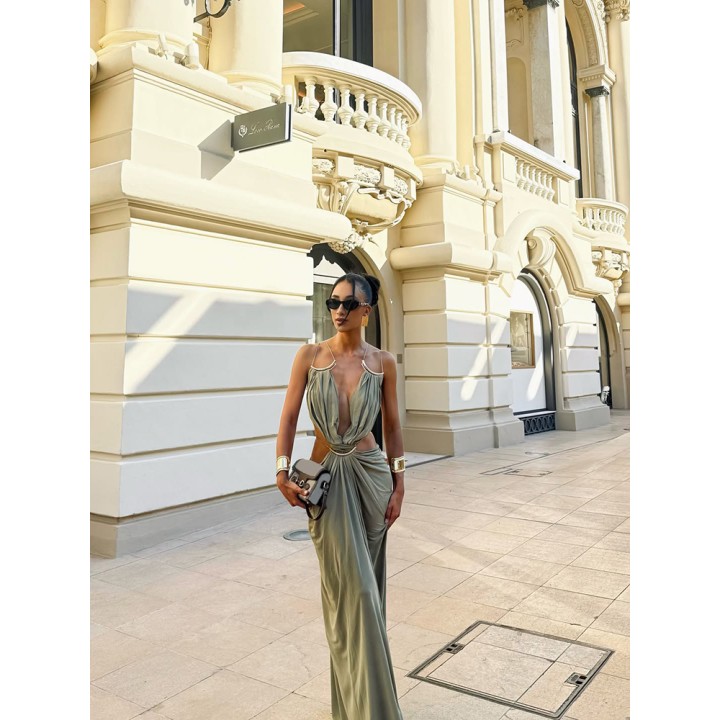 Womens Metal Trim Spaghetti Strap Maxi Dress  Deep V Cutout Waist Crisscross Backles