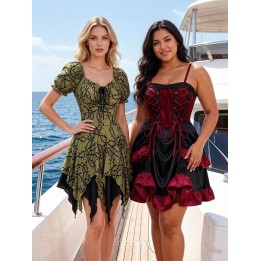 New Hot Gothic Mini Dresses Women Halloween Dark Fairy Lace Up Asymmetric Layered Dre