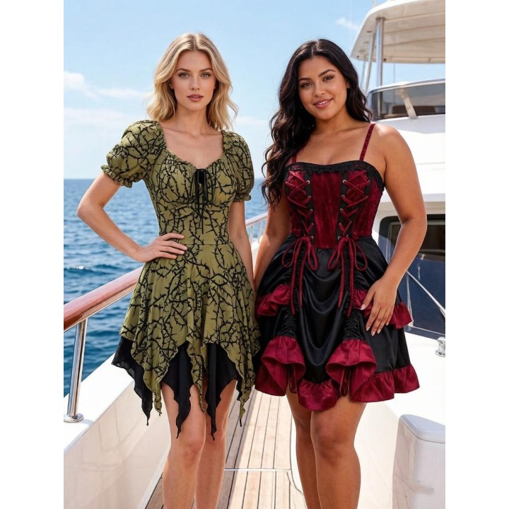 New Hot Gothic Mini Dresses Women Halloween Dark Fairy Lace Up Asymmetric Layered Dre