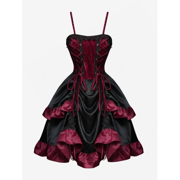 New Hot Gothic Mini Dresses Women Halloween Dark Fairy Lace Up Asymmetric Layered Dre