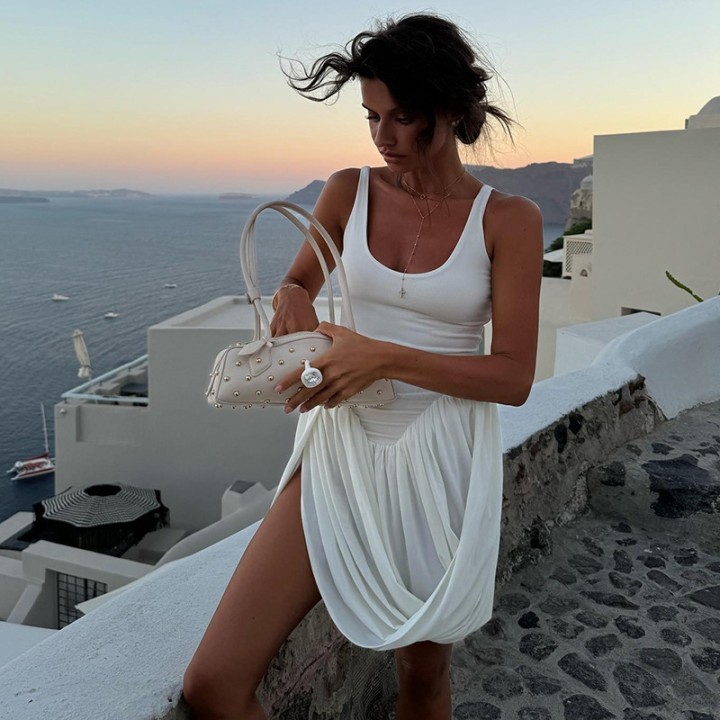 Sleeveless Pleated Split Mini Dress Women  Backless Draped Tanks Dresses Basic Irregu