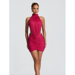 Rinabe Summer Off Shoulder  Solid Sleeveless Pleated Slim Mini Dress Women Draped Ruc