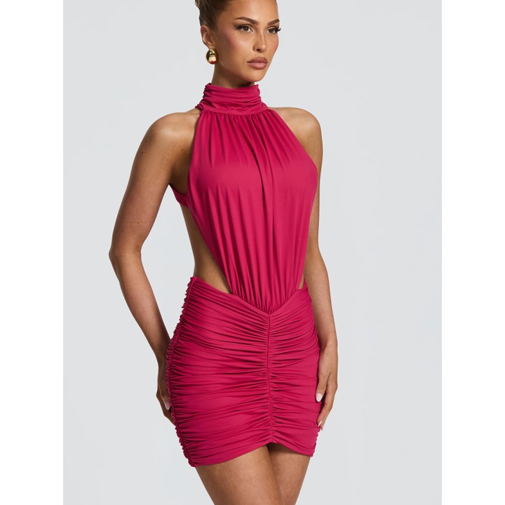 Rinabe Summer Off Shoulder  Solid Sleeveless Pleated Slim Mini Dress Women Draped Ruc