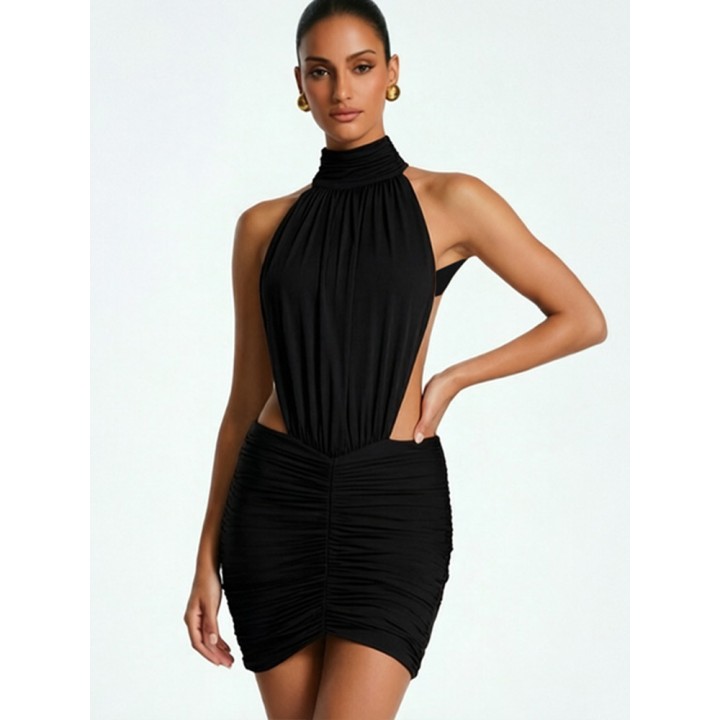 Rinabe Summer Off Shoulder  Solid Sleeveless Pleated Slim Mini Dress Women Draped Ruc