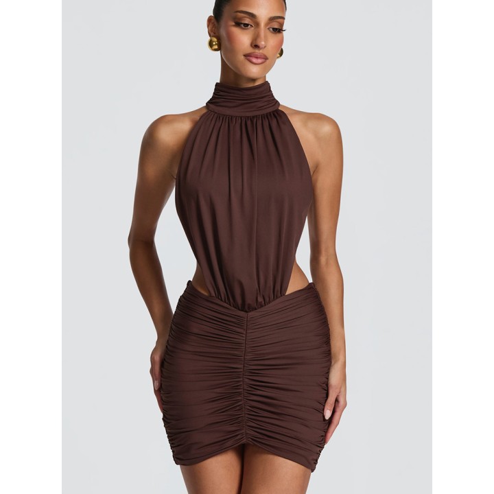 Rinabe Summer Off Shoulder  Solid Sleeveless Pleated Slim Mini Dress Women Draped Ruc