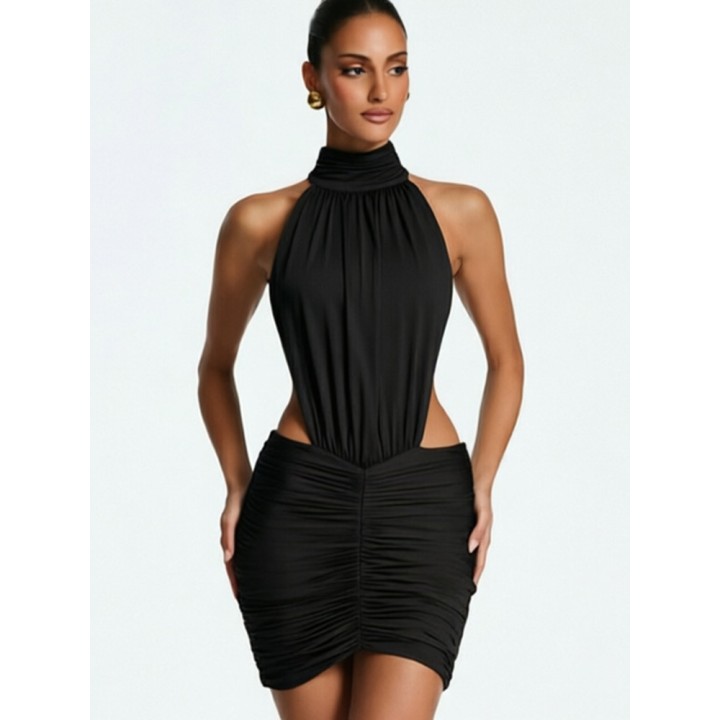 Rinabe Summer Off Shoulder  Solid Sleeveless Pleated Slim Mini Dress Women Draped Ruc