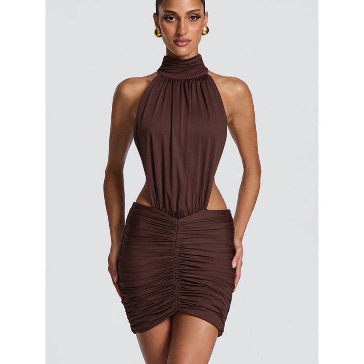 Rinabe Summer Off Shoulder  Solid Sleeveless Pleated Slim Mini Dress Women Draped Ruc