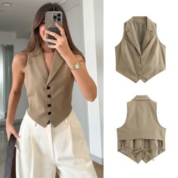 Sltnx 2026 Summer Women Turndown Collar Vests Back Lace Up Chic Single Breasted Waist