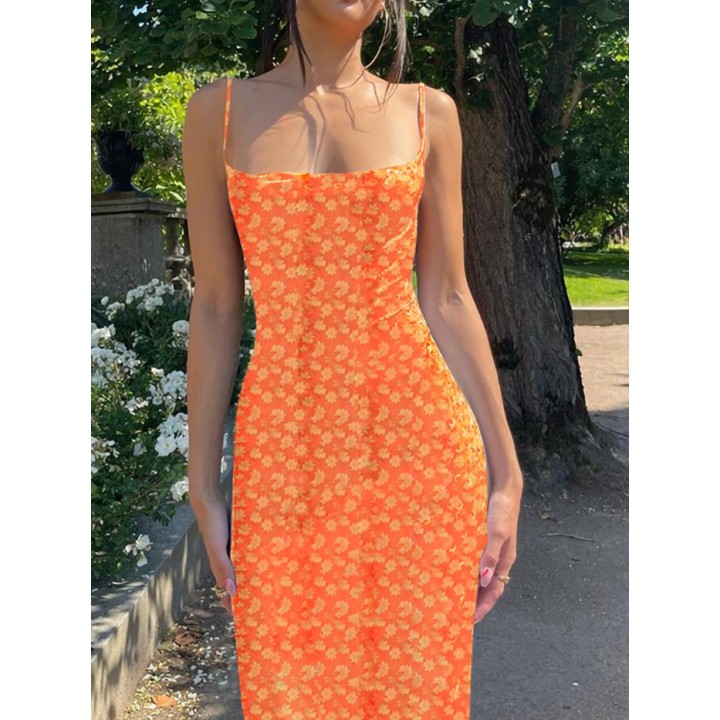 Y2k Floral Print Spaghetti Strap Bodycon Sundress Deep V Neck Long Dress  Backless Su