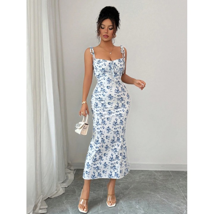 Flowy Floral Slip Dress Square Neck Tieup Ruched Waist Dress