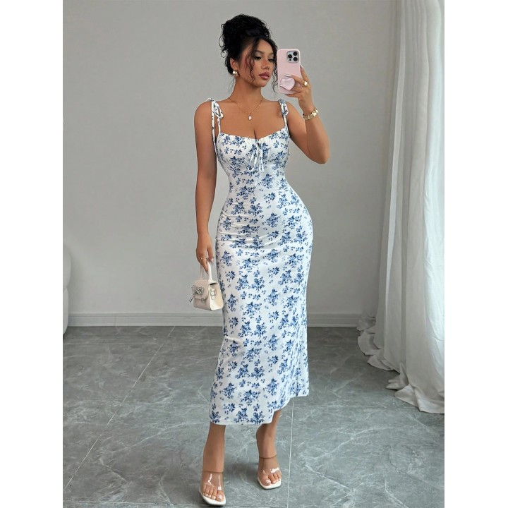 Flowy Floral Slip Dress Square Neck Tieup Ruched Waist Dress