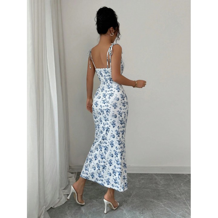Flowy Floral Slip Dress Square Neck Tieup Ruched Waist Dress