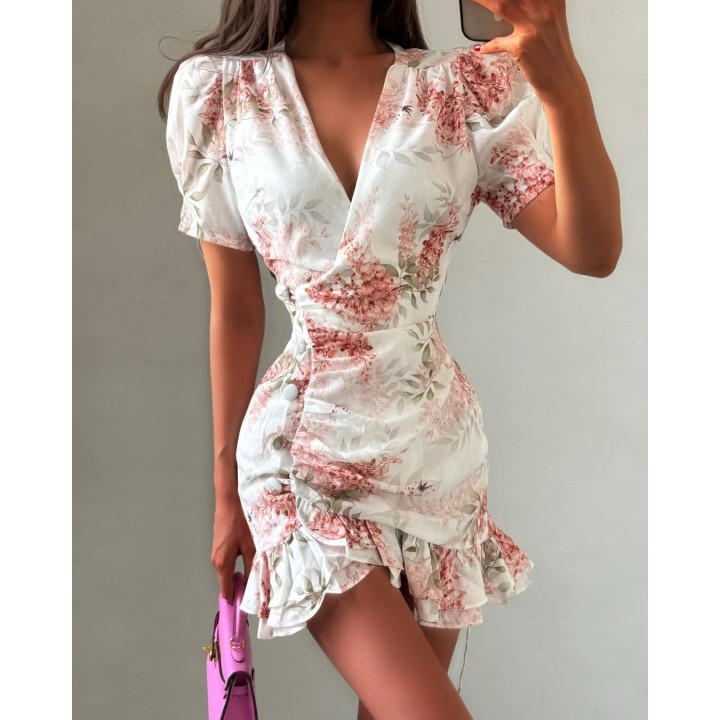 Elegant Floral Printed Mini Aline Dress Women Deep Vneck Puff Half Sleeve Waistcinchi
