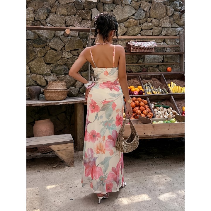 Elegant And Stylish, This New Floralprint Halterneck Vneck Waistcinching Dress Is Per