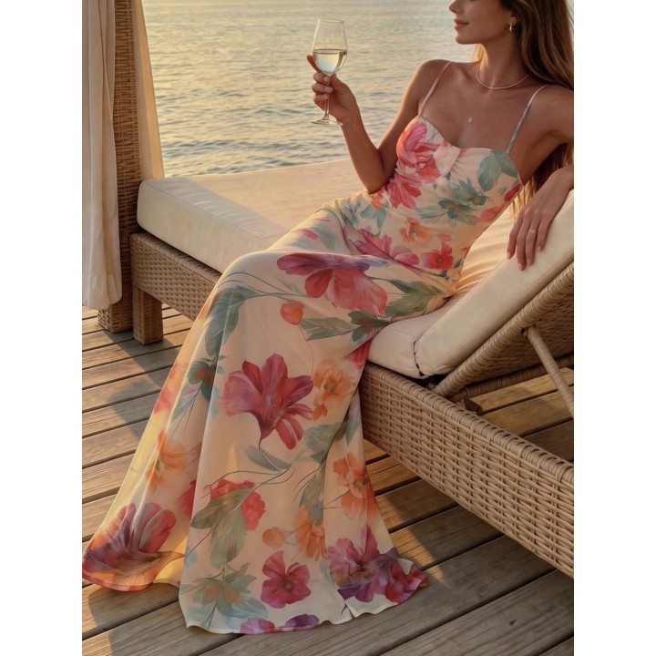 Elegant And Stylish, This New Floralprint Halterneck Vneck Waistcinching Dress Is Per