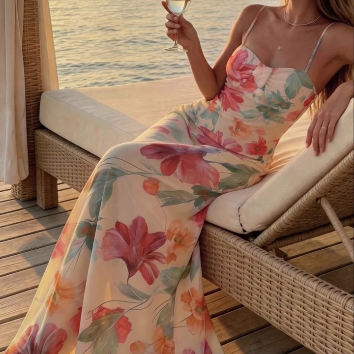 Elegant And Stylish, This New Floralprint Halterneck Vneck Waistcinching Dress Is Per