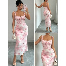 Flowy Pink Cherry Blossom Fishtail Skirt With Adjustable Shoulder Straps + Gathered B