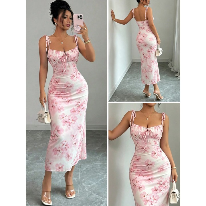 Flowy Pink Cherry Blossom Fishtail Skirt With Adjustable Shoulder Straps + Gathered B