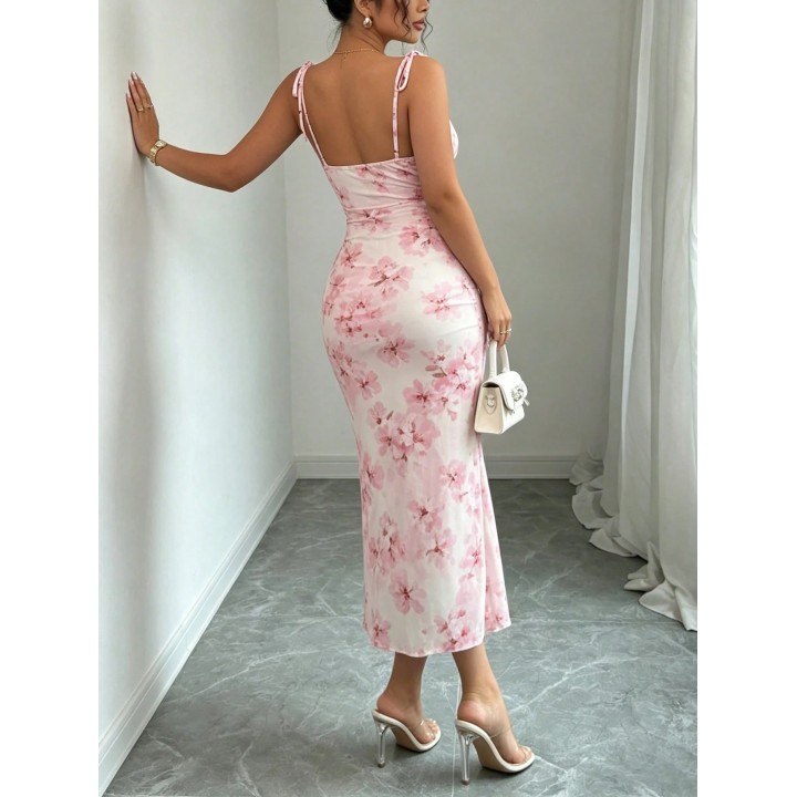 Flowy Pink Cherry Blossom Fishtail Skirt With Adjustable Shoulder Straps + Gathered B