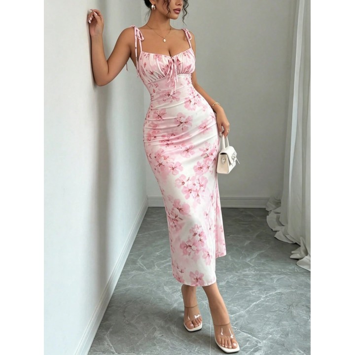 Flowy Pink Cherry Blossom Fishtail Skirt With Adjustable Shoulder Straps + Gathered B