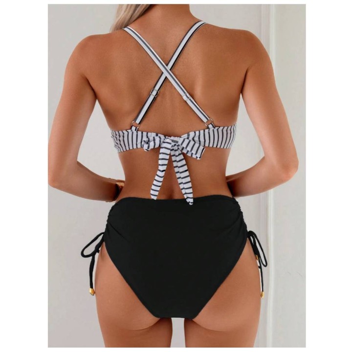 Cikini  High Waist Crisscross Strap Bikini Set For Women, Metal Pendant Decor, Adjust