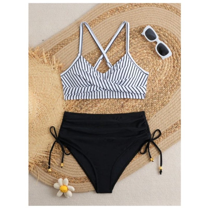 Cikini  High Waist Crisscross Strap Bikini Set For Women, Metal Pendant Decor, Adjust
