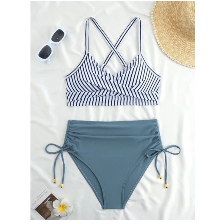 Cikini  High Waist Crisscross Strap Bikini Set For Women, Metal Pendant Decor, Adjust