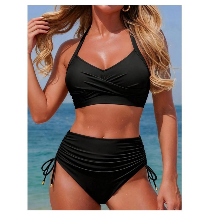 Cikini  High Waist Crisscross Strap Bikini Set For Women, Metal Pendant Decor, Adjust