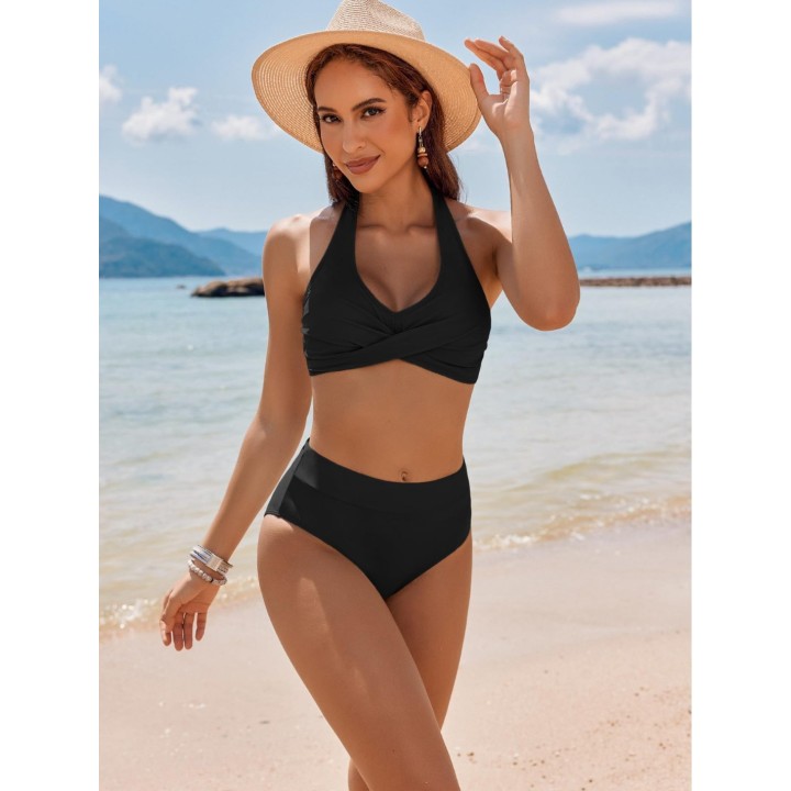 2026 Summer Halter Bikini Set Women Twist Front High Waisted Tummy Control Padded Swi