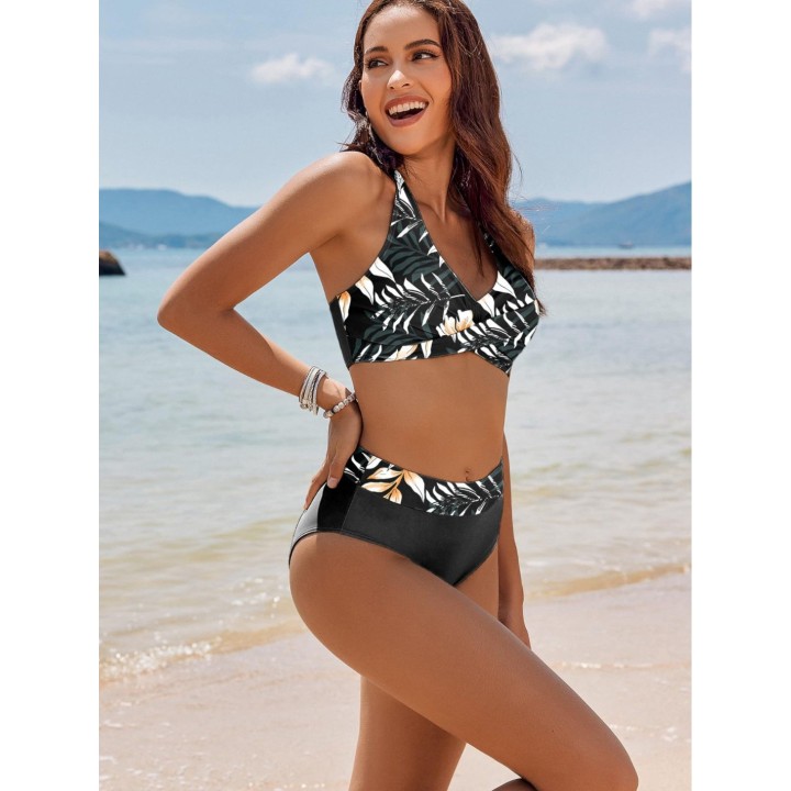 2026 Summer Halter Bikini Set Women Twist Front High Waisted Tummy Control Padded Swi