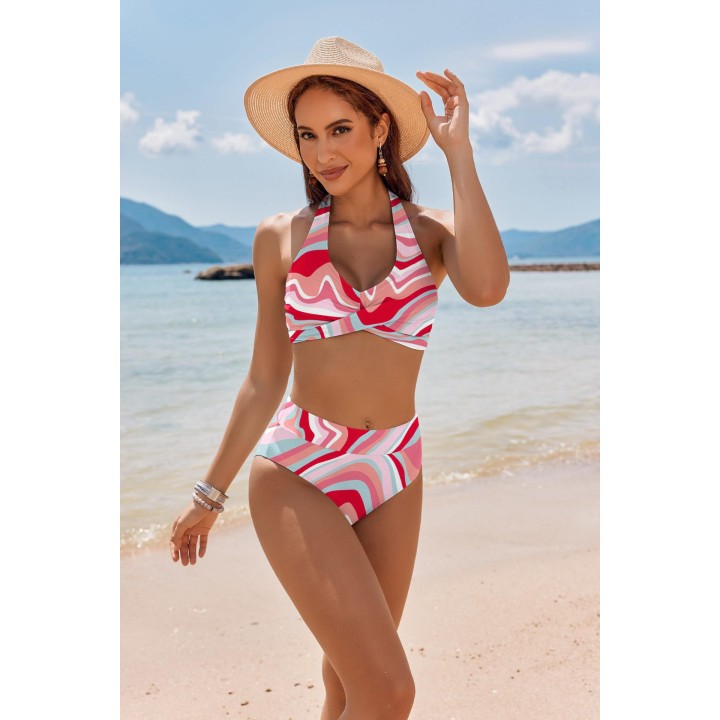 2026 Summer Halter Bikini Set Women Twist Front High Waisted Tummy Control Padded Swi