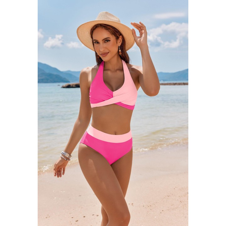 2026 Summer Halter Bikini Set Women Twist Front High Waisted Tummy Control Padded Swi