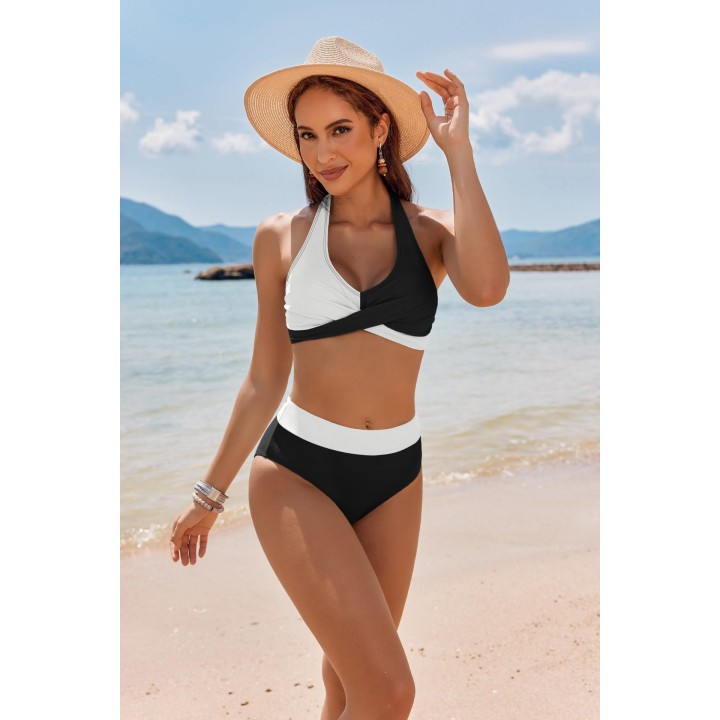 2026 Summer Halter Bikini Set Women Twist Front High Waisted Tummy Control Padded Swi